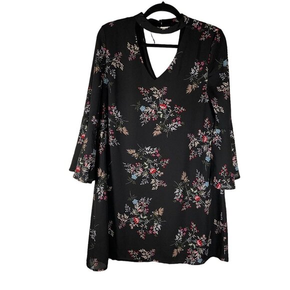 Miami Women’s Dress Size Medium Flare Bell Sleeves‎ Shift Black Floral V-Neck - Picture 1 of 8